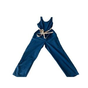 Vintage 70s Blue Sleeveless Jumpsuit Fan Trim Size M Cottagecore Balletcore